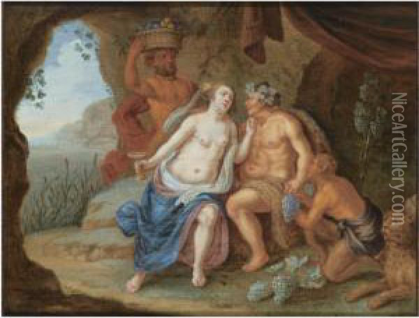 Bacchus With A Nymph Holding A Glass Of Wine, Together With Twosatyrs And A Leopard, In A Grotto, Surrounded By Grapes Oil Painting - Jan Van Balen