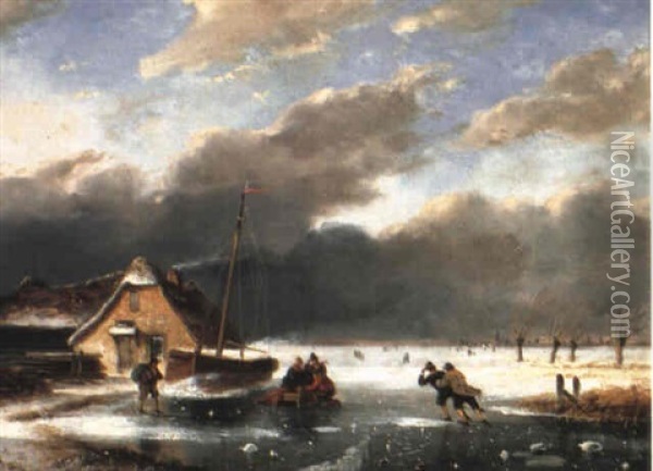 A Winter Landscape With Skaters On A Frozen River Oil Painting - Nicolaas Johannes Roosenboom