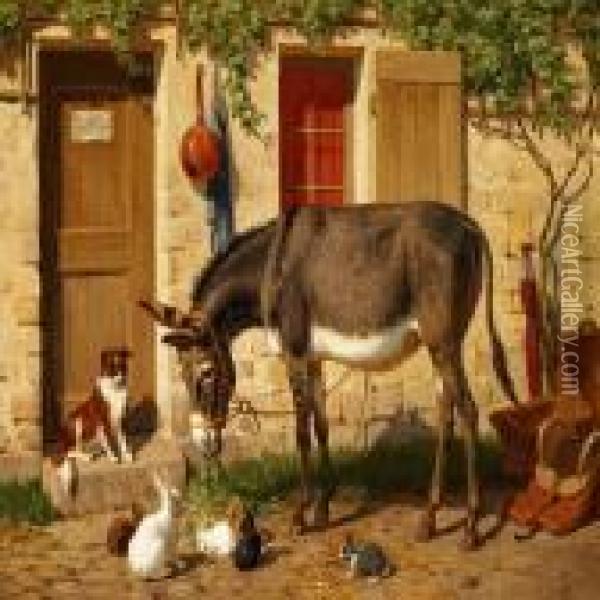 A Donkey, A Dog And Some Rabbits In Front Of A House Oil Painting - Carl Henrik Bogh