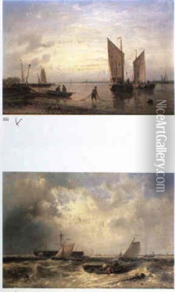 Fishing Boats In A Calm Estuary & Retrieving Wreckage (2 Works) Oil Painting - Abraham Hulk the Elder