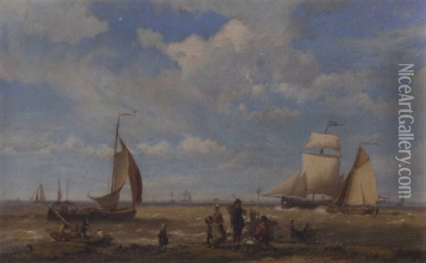 Shipping In A Breeze With Figures In The Foreground Oil Painting - Hermanus Koekkoek the Elder