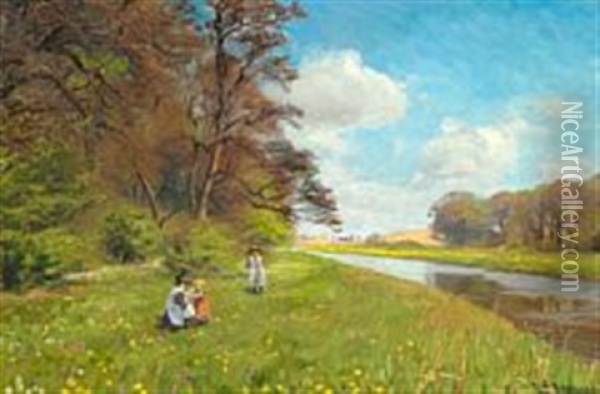 A Mother With Her Little Girls Picking Flowers Next To Suseaen Oil Painting - Hans Andersen Brendekilde
