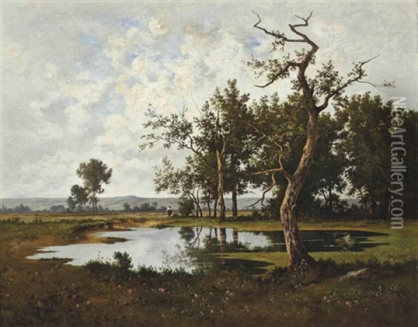 A Figure At A Woodland Lake Oil Painting - Leon Richet