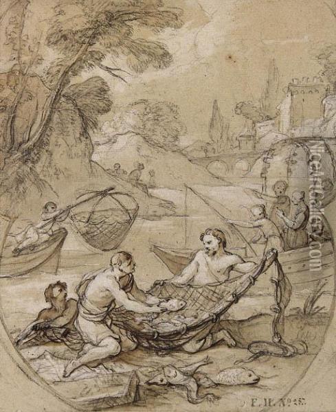Fishermen Drawing Their Nets, With Figures On A Boat In Thebackground Oil Painting - Charles Joseph Natoire