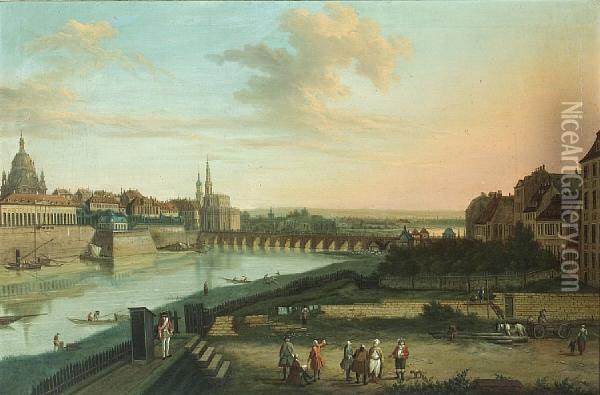 Dresden From The Right Bank Of The Elbe Belowthe Augustus Bridge Oil Painting - Bernardo Bellotto