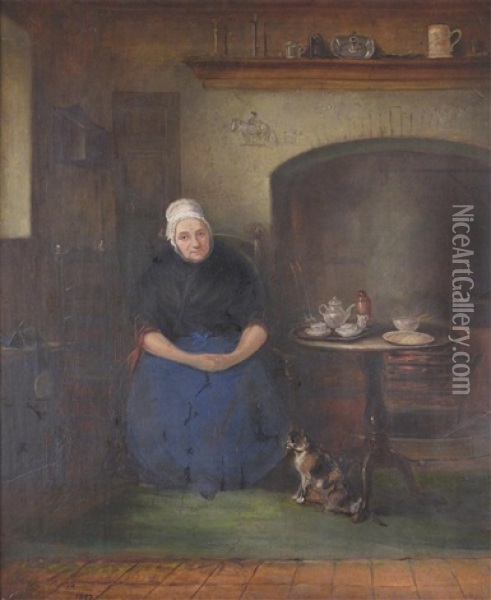 A Woman Seated In A Kitchen Interior Oil Painting - John E. Ferneley