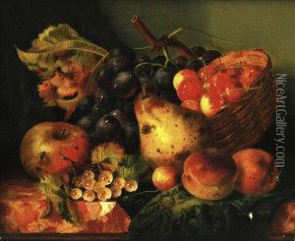 Still Life Of An Apple, 
A Pear, 
Peaches And Grapes In A Basket On A Ledge Oil Painting - Ellen Ladell