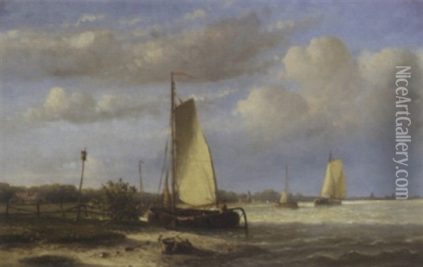 Sailing Barges On A River Oil Painting - Hendrik Hulk