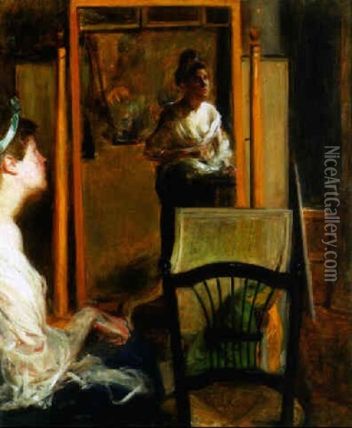 Young Woman Looking In A Mirror Oil Painting - Jacques-Emile Blanche