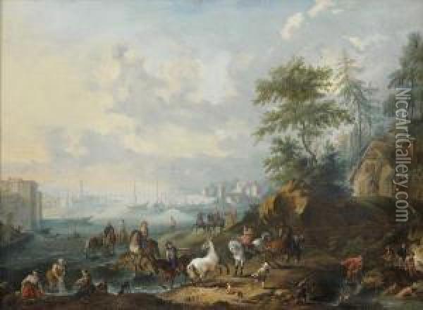 Paysage De Riviere Avec Une Scene De Dressage De Chevaux Oil Painting - Joseph van Bredael