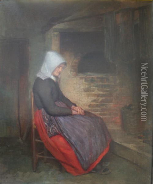 Contemplation: Old Woman Seated By A Hearth Oil Painting - Edouard Frere
