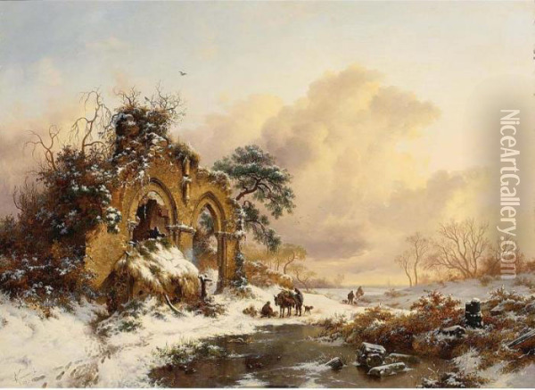 A Snowy Landscape With Figures By A Gothic Ruin Oil Painting - Frederik Marianus Kruseman