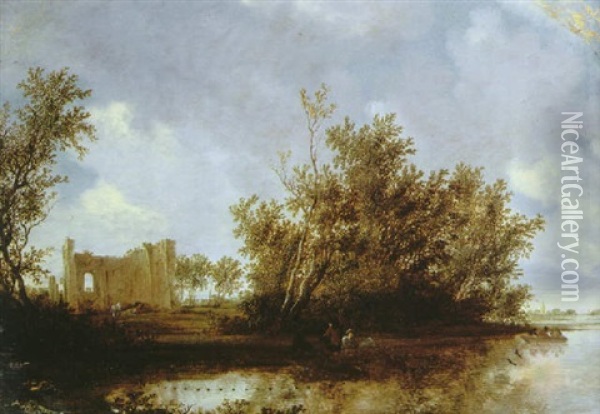 A Wooded River Landscape With Figures In Two Rowing Boats Cattle And Ruins In The Distance, A Bell Tower On The Horizon Oil Painting - Salomon van Ruysdael