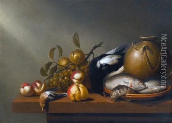 Still Life Of Fruit, Fresh-water Fish On An Earthenware Platter, Birds And A Stoneware Pot All Arranged On A Ledge Oil Painting - Harmen Steenwyck