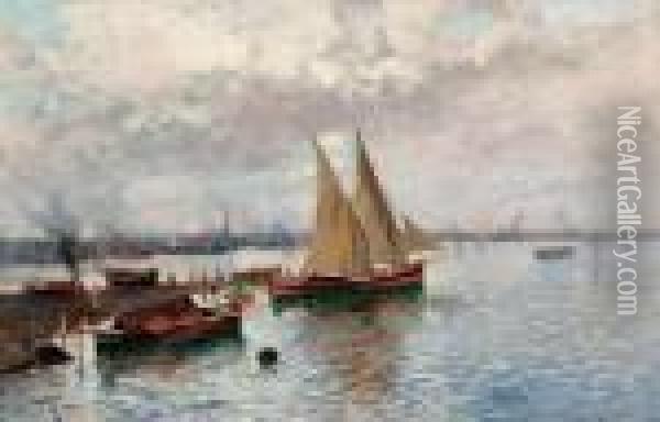 Boats In The Harbour Oil Painting - Oscar Ricciardi