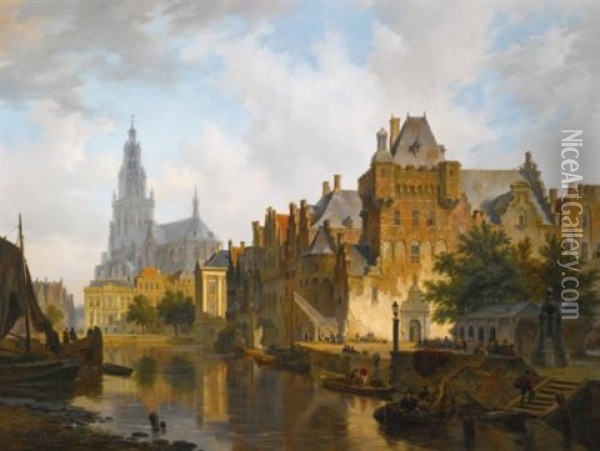 A Capriccio View Of The Hofvijver, The Hague Oil Painting - Bartholomeus Johannes Van Hove