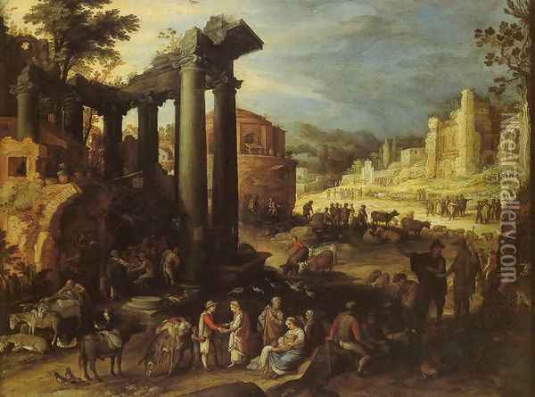 The Campo Vaccino with a Gypsy Woman Reading a Palm Oil Painting - Paul Bril