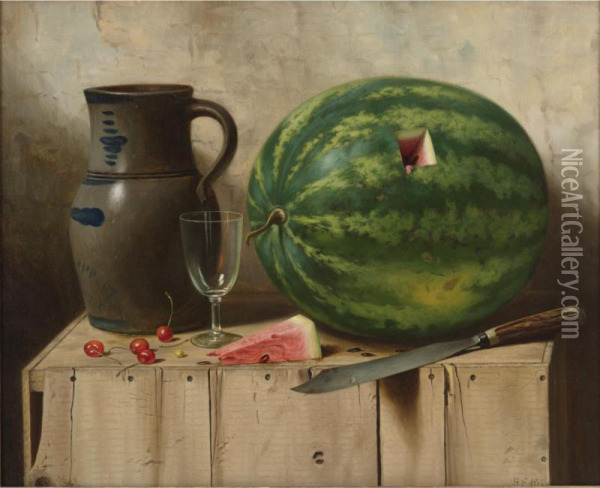 Still Life With Watermelon, Jug, And Knife Oil Painting - Albert F. King