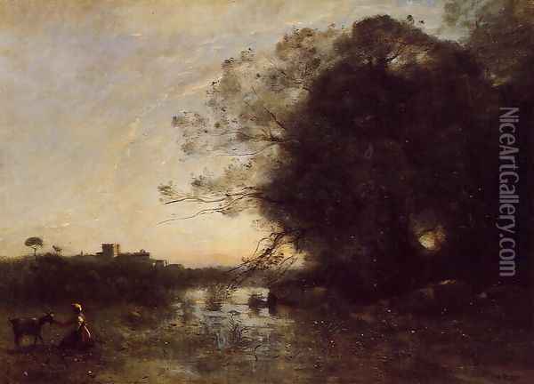 The Swamp by the Large Tree with a Goatherd Oil Painting - Jean-Baptiste-Camille Corot