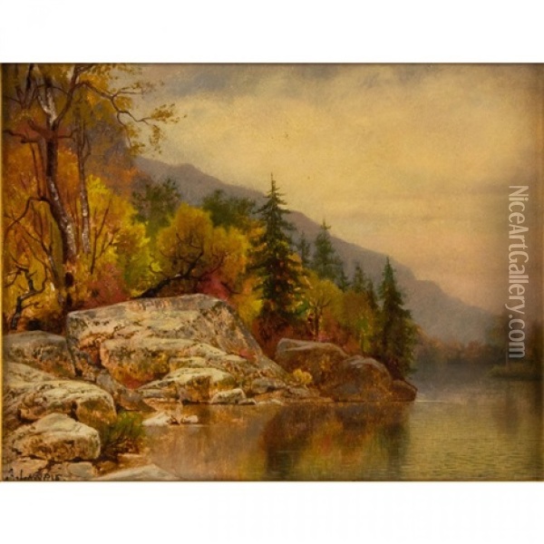 Mountain Lake With Rocky Shoreline In Autumn Oil Painting - Alexander Lawrie