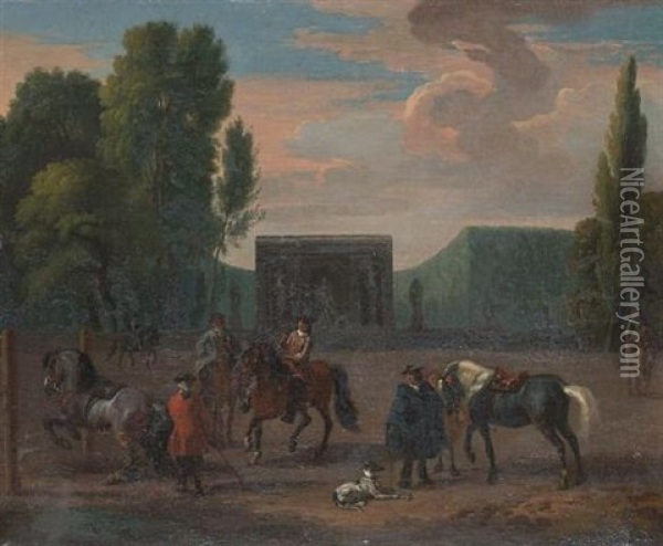 Horsemen In A Park Landscape Oil Painting - Dirk Maes
