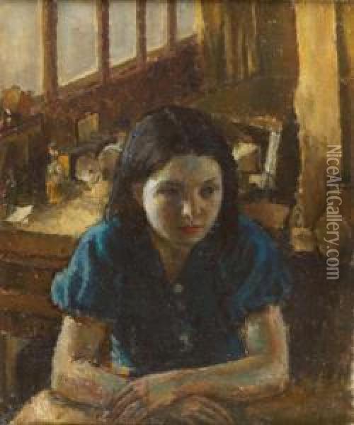 A Young Girl Seated In An Interior Oil Painting - Patrick Joseph Tuohy