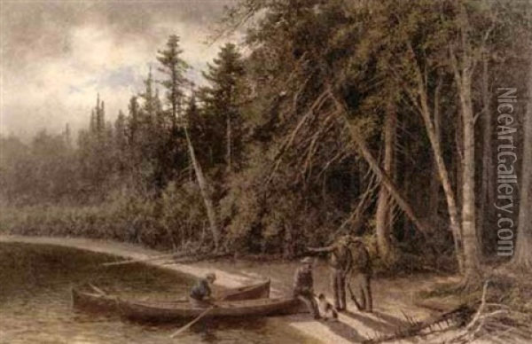 Fishermen At A Wooded Shoreline Oil Painting - Edward Hill