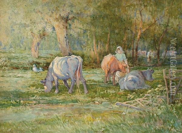 Cattle In A Field Oil Painting - Ferdinand E. Grone