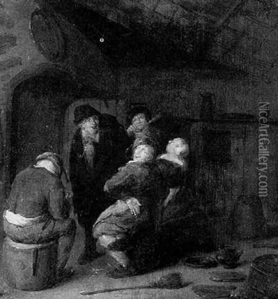 Kitchen Interior With Peasants Smoking Oil Painting - Jan Miense Molenaer