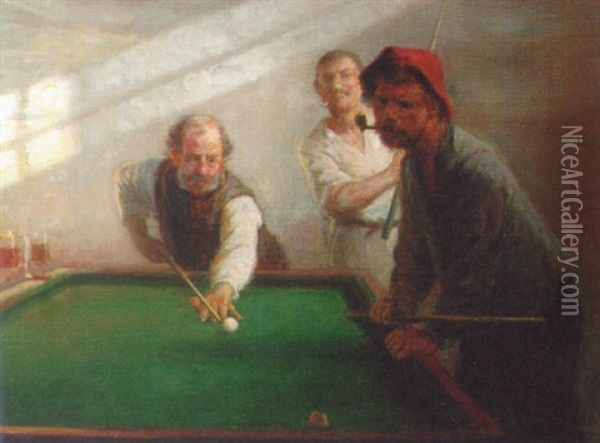 The Game Of Billiards Oil Painting - Otto Bache
