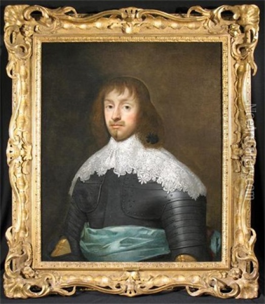 Portrait Of Edward Cornwall Wearing A Suit Of Armour, A Lace Collar And A Green Sash Oil Painting - Cornelis Jonson Van Ceulen