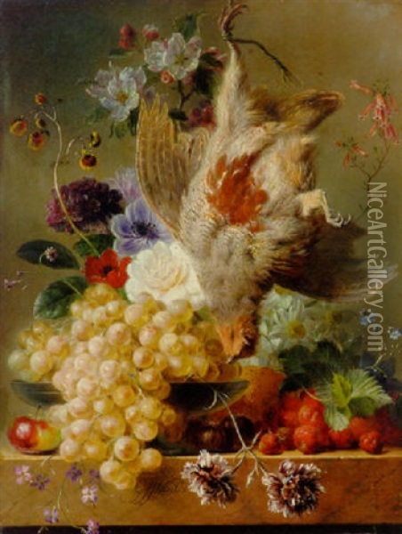 Grapes, Strawberries, Chestnuts, An Apple And Flowers With Game On A Marble Ledge Oil Painting - Georgius Jacobus Johannes van Os