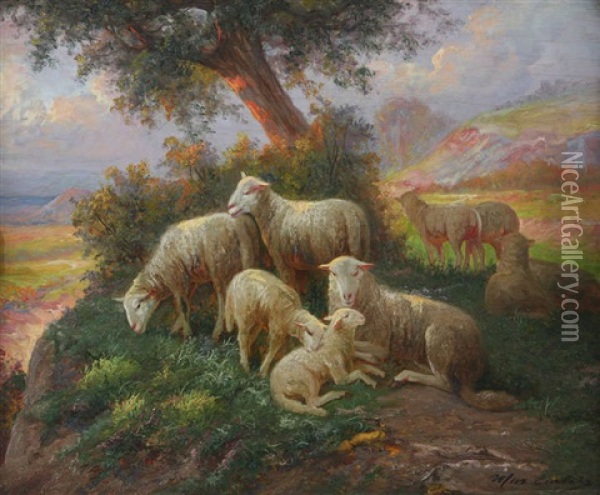 Moutons Au Coucher De Soleil Oil Painting - Max Carlier