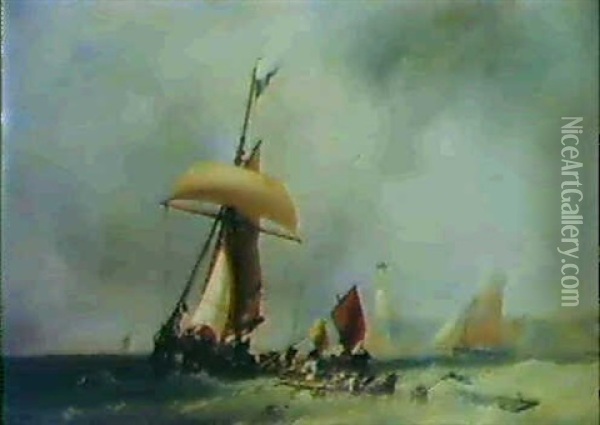 Fishing Vessels In A Strong Breeze Off Shore, A Lighthouse  Beyond Oil Painting - Charles Hoguet