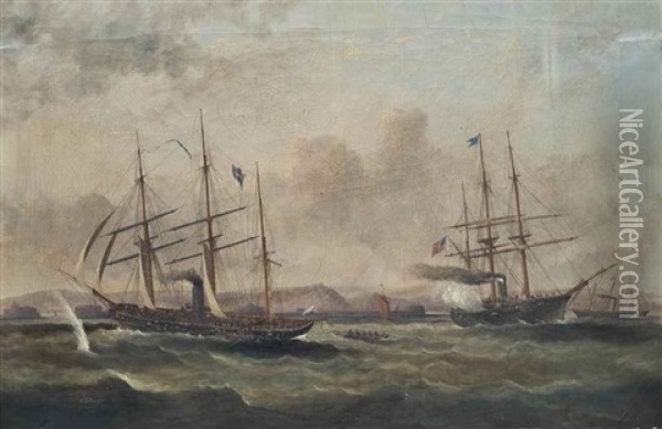 The Celebrated Engagement Between The Confederate Raider C.s.s. Alabama And U.s.s. Kearsage, 19th June 1864 Oil Painting - Arthur Wellington Fowles