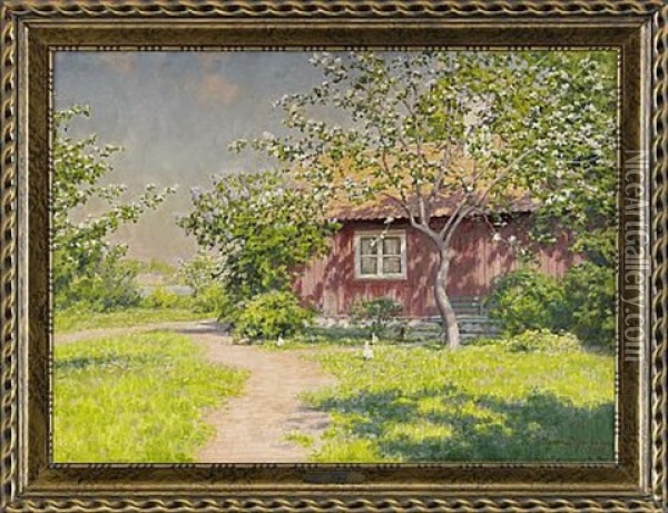 Gardsidyll Med Pickande Hons Oil Painting - Johan Fredrik Krouthen