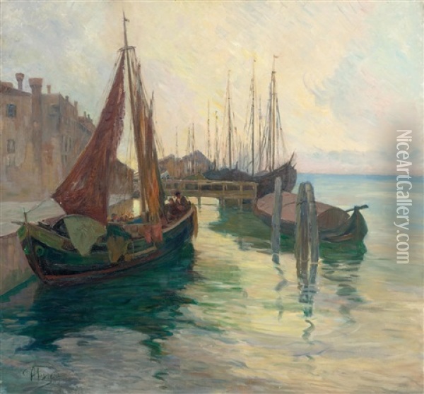 Fishing Boats In A Harbour Oil Painting - Alexei Vasilievitch Hanzen