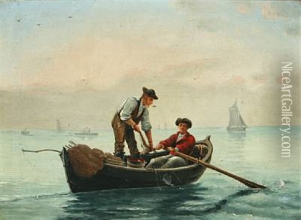 Fishermen At Sea Oil Painting - Hans Peter Iversen