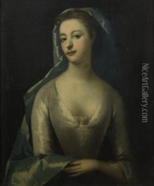 Portrait Of A Lady In A White Silk Dress And Blue Shawl Oil Painting - Charles Jervas