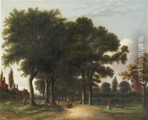 Figures On A Tree Lined Path Oil Painting - William Henry Crome