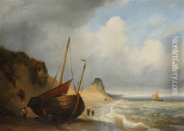 Marine Avec Bateau De Peche Sur La Plage Et Figures Oil Painting - Egidius Linnig