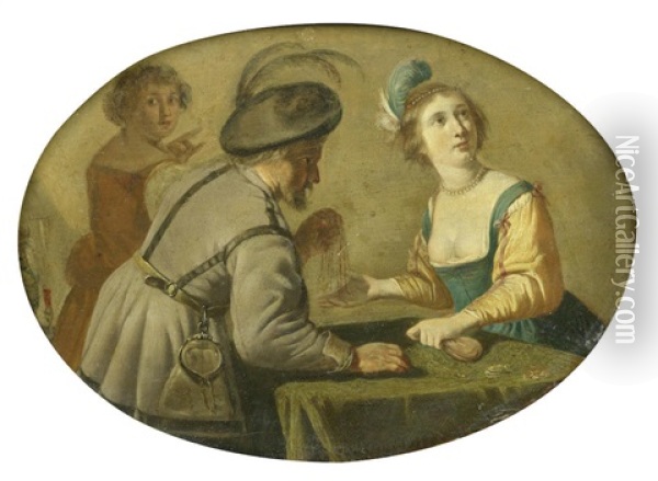 Figures At A Table In An Interior Oil Painting - Jan Van Biljert