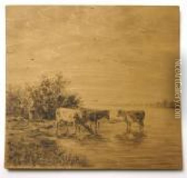 Watering Cows In Summer Landscape Oil Painting - Willem Roelofs