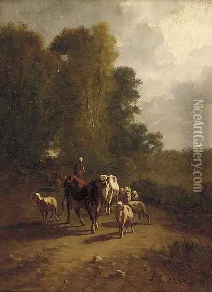 A drover with cattle and sheep on a wooded track Oil Painting - Antonio Cordero Cortes