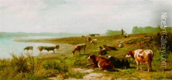 Cows In A Landscape Oil Painting - Pieter Stortenbeker
