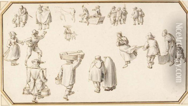 A Sheet Of Studies Of Figures On The Ice Oil Painting - Hendrick Avercamp