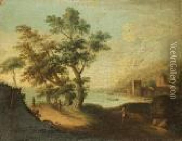A River Landscape With Fishermen
 In A Boat With Figures On The Bank; And, A River Landscape With Figures
 On A Path, A Village Beyond Oil Painting - Paolo Anesi