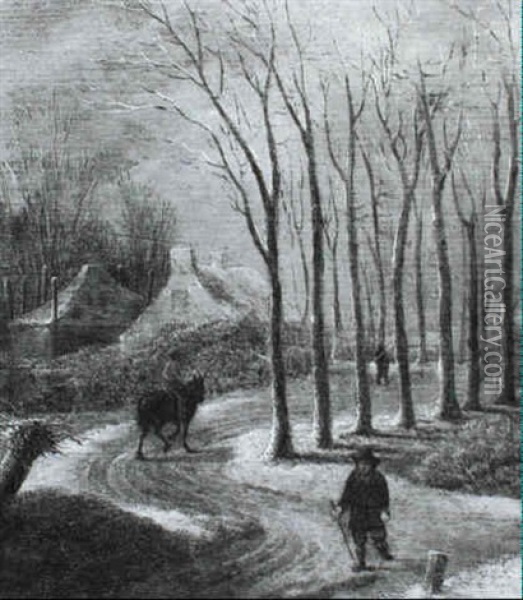 A Winter Landscape With A Figure Walking With A Staff On A  Treelined Road, Having Passed A Figure On Horseback Before Oil Painting - Nicolaes Molenaer