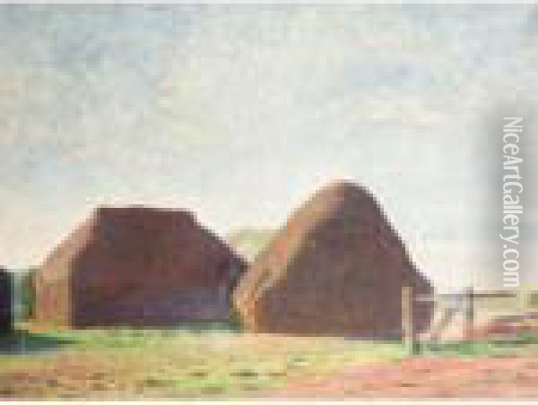 Haystacks With Barn, Iles Farm, Far Oakridge, Gloucestershire Oil Painting - William Rothenstein