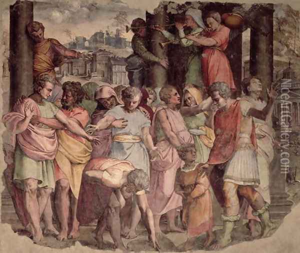 Tarquinius the Proud founding the Temple of Jupiter on Capitol Hill, c.1525 Oil Painting - Perino del Vaga (Pietro Bonaccors)